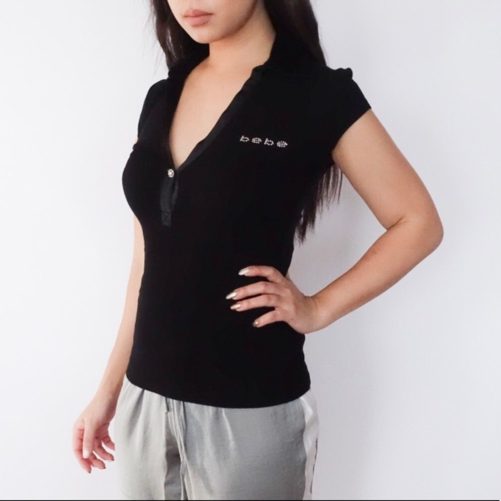 Black Bebe Rhinestone Satin Collar Shirt